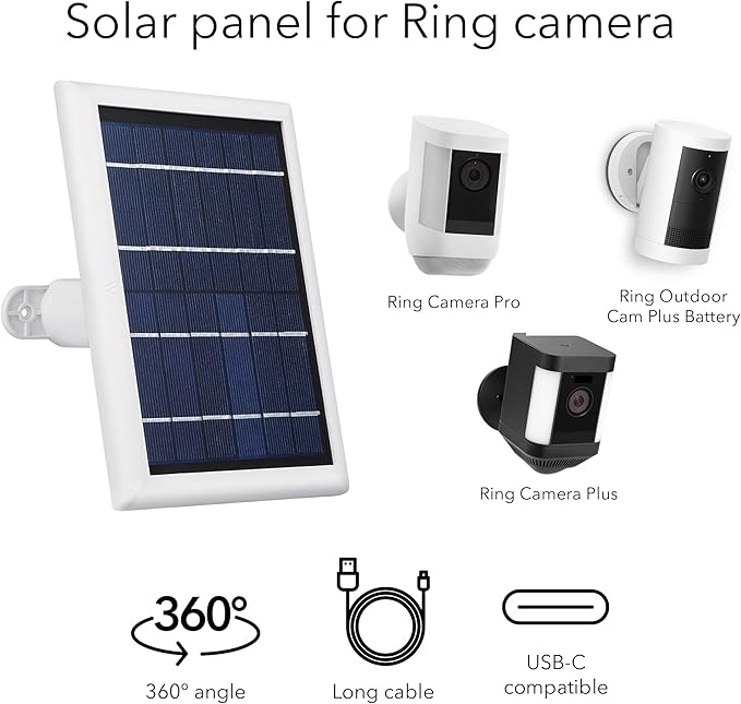 Wasserstein Solar Panel Compatible with Ring Spotlight Cam/Plus/Pro Battery, Stick Up Cam/Pro & Outdoor Cam Plus Battery - Continuous Power for Ring Surveillance Camera (2-Pack, White)