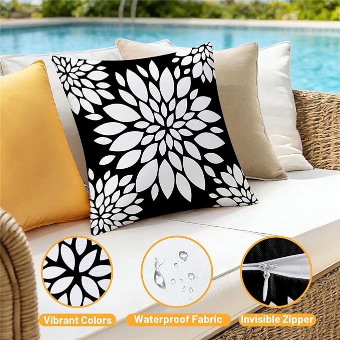 Outdoor Waterproof Throw Pillow Covers 18x18 Set of 4 Black Aesthetic Boho Decorative Cushion Cases for Patio Furniture Garden Porch Bench Couch Sunbrella