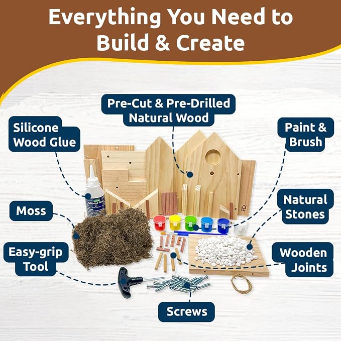 SparkJump Outdoor Craft Builder Bundle – Cottage Birdhouse DIY Kit with STEM Woodworking Candy Dispenser Project for Kids & Families