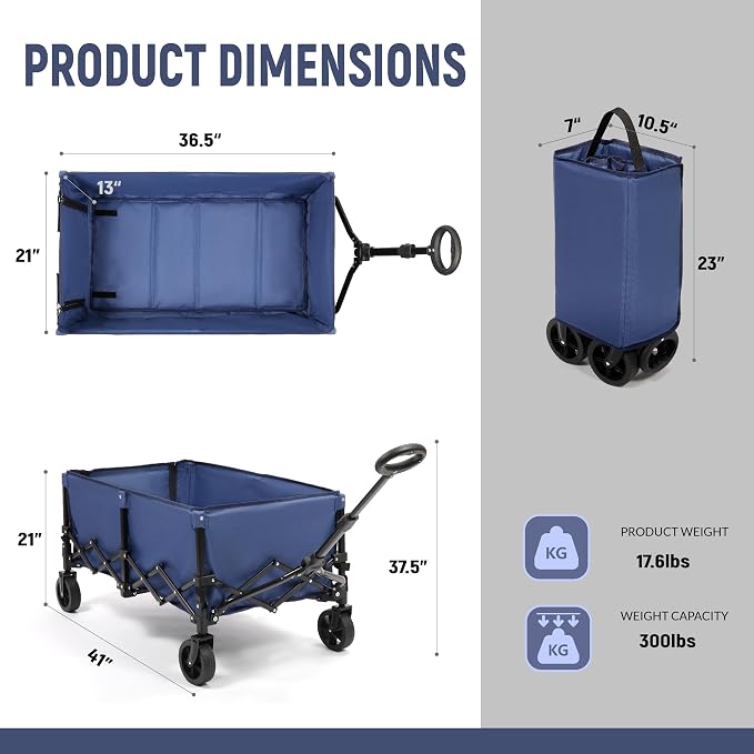 Collapsible Wagon Cart with Extendable Storage - 5.8cu.ft Capacity,300lbs Heavy Duty,Compact Foldable Wagon Cart for Grocery Shopping,Outdoor,Camping,Sport Events,Garden,Vendor Markets,Soccer Games