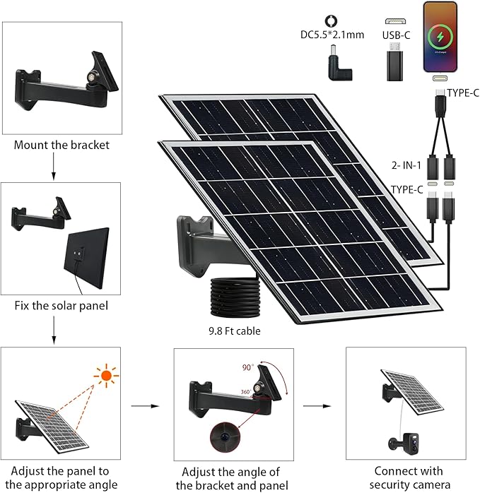 5V 16W Solar Panel for Security Camera IP65 Waterproof USB Solar Panel Charger Type-C Port、Micro USB Port＆DC Port Solar Sanels for Cameras with 9.8ft Charging Cable(8W black-2pack)