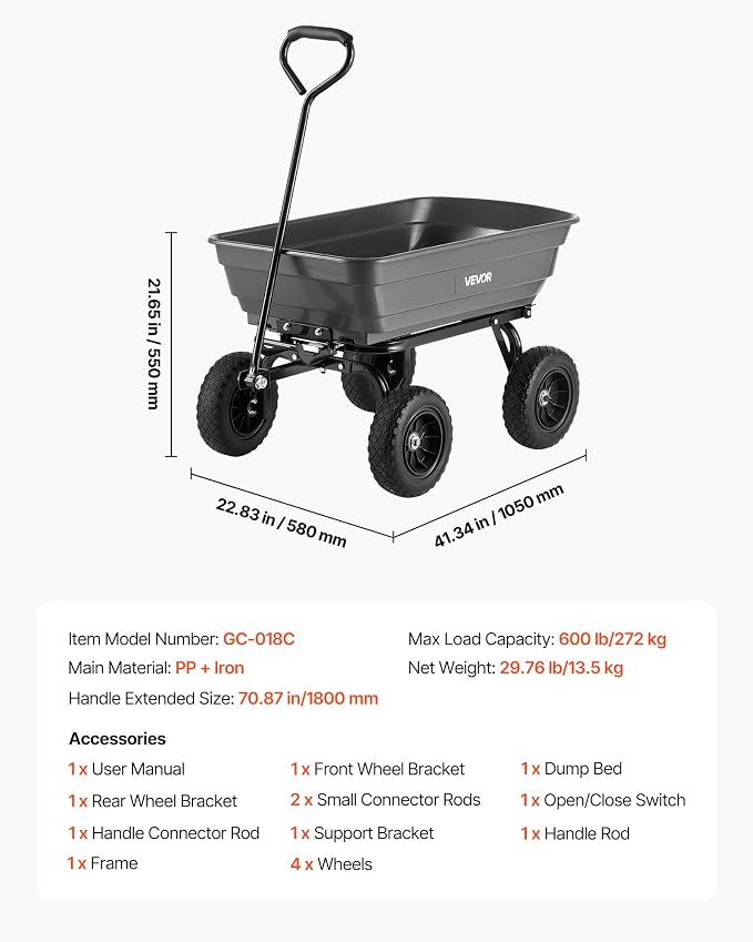 VEVOR 4 Cu.Ft 600LBS Poly Garden Cart Dump Wagon, 4 Wheel Heavy Duty Wheelbarrow with 10" Flat Free Tires, Yard Cart Dump Wagon with Quick-Release System