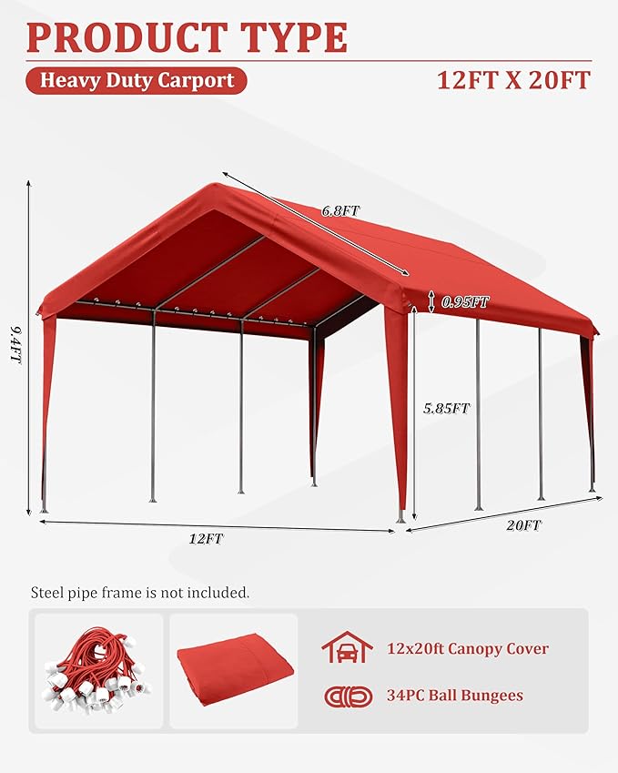 Carport Canopy Replacement Cover 12x20 Heavy Duty Outdoor Portable Car Canopy Oxford Waterproof UV & Tear Resistant Garage Canopy with Ball Bungees (Frame is Not Included)