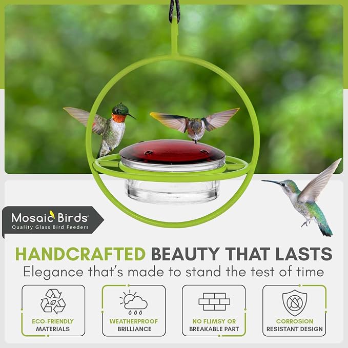 Mosaic Birds Hummingbird Feeder for Outdoors Hanging, 3.4 OZ Hummingbird Feeders, Glass Bowl with 4 Feeding Ports, Leak Proof Lid & Circular Perch, Bird Feeder (1, Lime)