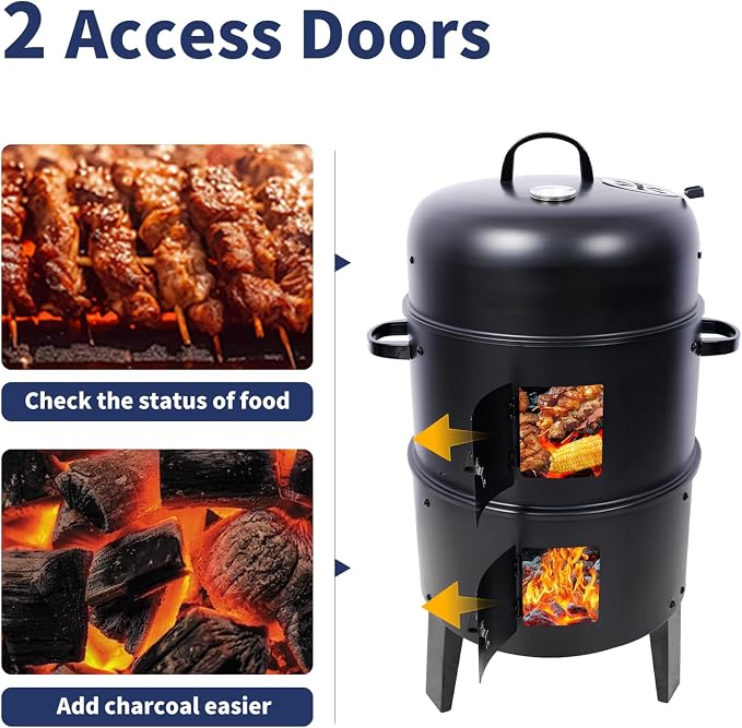 16 inch Vertical Charcoal Smoker, Mini BBQ Grill, Fire Pit, 3-in-1 with Built-in Thermometer, Adjustable Air Vent, Idea for Parties, Backyard, Patio, Camping