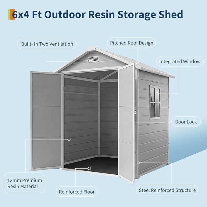 6x4 ft Outdoor Storage Shed with Floor, Plastic Resin Garden Shed with Window & Lockable Door, Tool Shed for Patio, Backyard, Lawn Mower, Bike Storage