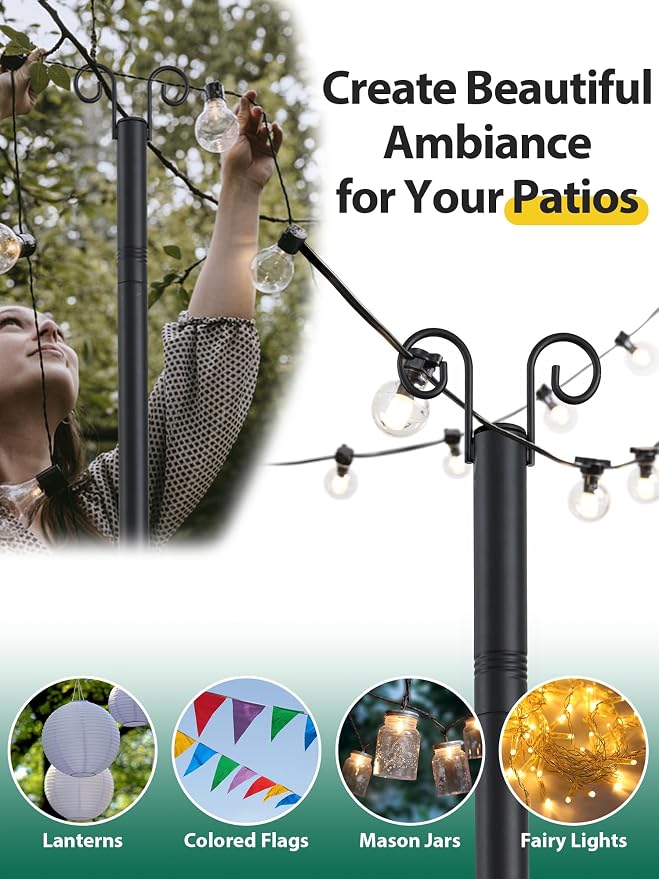 String Light Poles, 12.6 FT Light Poles for Outside Patio, Outdoor Deck Lighting Poles with Brackets for Fence and Base for Wood Concrete Mount, Heavy Duty Metal Stand Hanging Garden Party Decoration