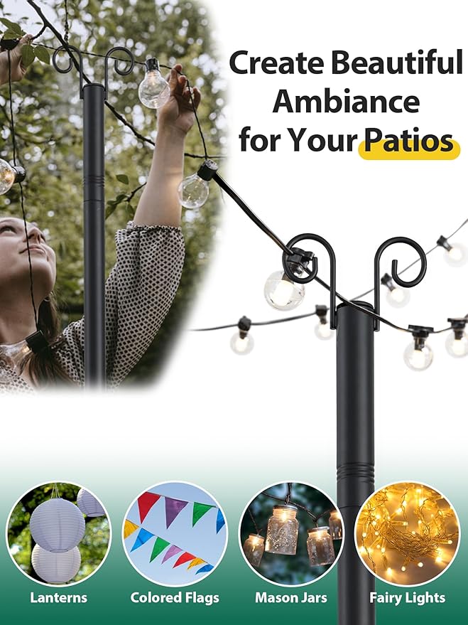 2-Pack Adjustable String Light Poles, 12.6 FT Light Poles for Outside Patio Heavy Duty, Outdoor Deck Lighting Poles with Brackets Bases for Fence Concrete Mount, Metal Stand Hanging Garden Party Decor