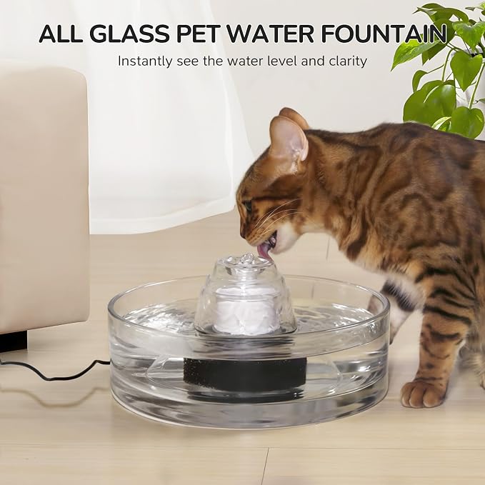 2.7L Glass Pet Fountain –Transparent Glass Cat Water Fountain & Little Dog Drinking Bowl– Automatic Cat Water Dispenser-Ultra-Quiet Pump 1 Filters & 1 Sponges