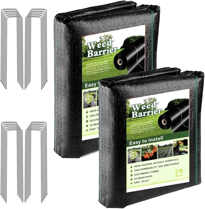3FT x 100FT Weed Barrier Landscape Fabric (2 Pack 3x50FT) - Premium Heavy-Duty 3.2oz Gardening Weed Control Mat with 20 U-Shaped Securing Pegs - Ground Cover for Garden, Flower Bed, Yard