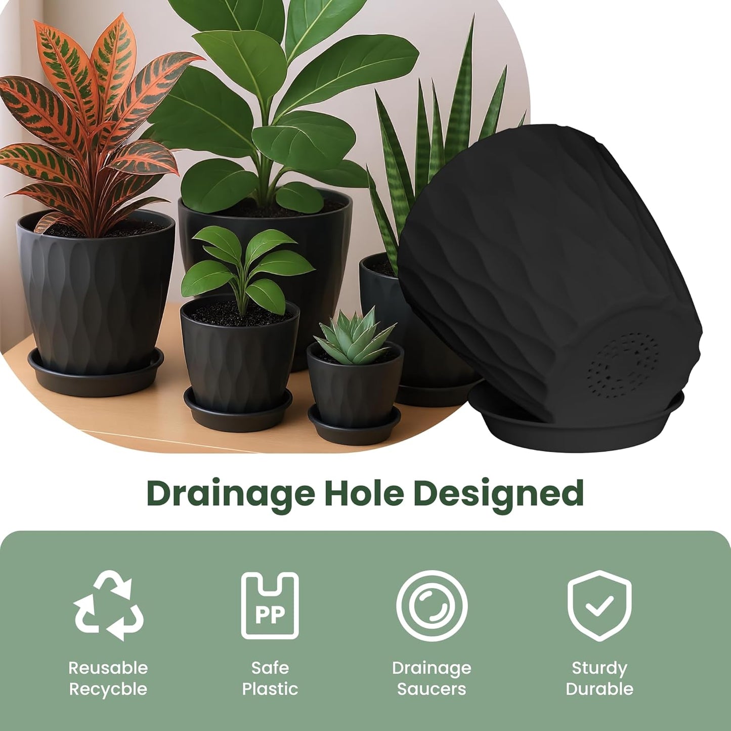 8/7/6/5/4 Inch Plant Pots with Drainage Holes, Setof 5 Plastic Planters for Indoor Outdoor Plants,Indoor Flower Pots, Nursery Planting Pot for Garden OfficeHome Decor(Black, 8/7/6/5/4)