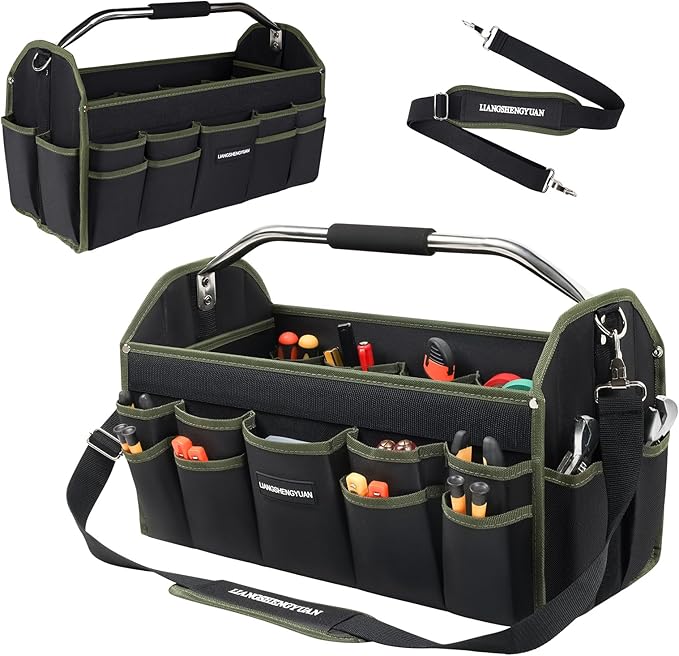 16 In Electrician Tool Bag, Foldable Bags For Men Heavy Duty, Open Top Tool Tote, 30 Pockets Can Hold Many fittings, Organizer Stainless Steel Handle and Removable Shoulder Strap