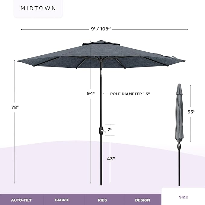 Midtown Umbrellas 10-Year-No-Fade - 9 Ft - UV Proof Heather Grey Polyester Fabric - Umbrella Outdoor Patio, Auto-Tilt Aluminum Frame Patio Umbrella for Garden, Pool & Deck - Black Pole