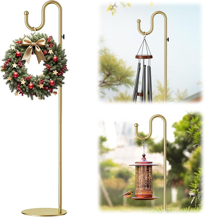 74" Gold Shepherds Hook Stand–Adjustable Free Standing Pole Holder for Hanging Bird Feeders, Plants, Lanterns, Wreaths, and Wind Chimes, Heavy Duty Base for Indoor & Outdoor Use, Holds Up to 20 LBS