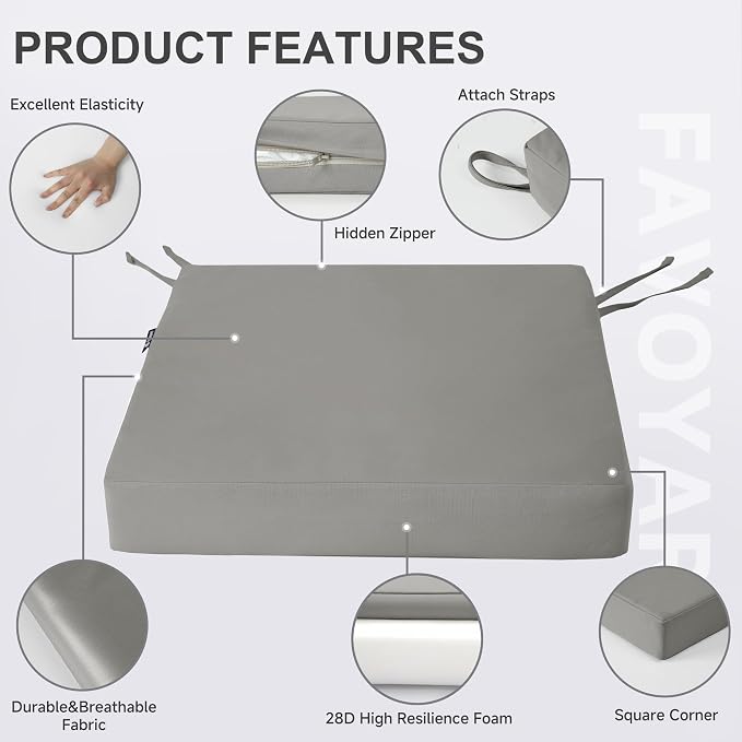 Favoyard Patio Chair Cushions 20 x 20 x 3 Inch Waterproof Outdoor Seat Cushions for Patio Furniture 3-Year Color Fastness Garden Sofa Couch Chair Pads with Handle & Adjustable Straps Set of 2, Grey