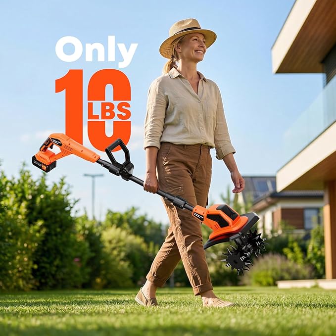 21V Cordless Tiller Cultivator, 6000mAh Battery Powered Tiller, 400RPM Electric Tiller for Gardening, 9.5" Width, 7" Depth for Soil Preparation, Lightweight Garden Rototiller for Lawn/Soil Cultivation