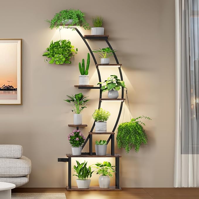 Plant Stand Indoor with Grow Lights: 9 Tiered Metal Plant Shelf Pots For Plant Lovers - 63" Tall Indoor Flower Rack Display Holder Multiple For Room - Corner Large Planter Shelves For Patio,Wall