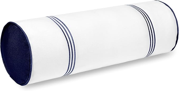 Hofdeco Premium Coastal Hampton Patio Indoor Outdoor Bolster Pillow Cover Only, 6"x20" Water Repellent for Backyard, Couch, Poolside, Navy Blue Embroidered Stripes