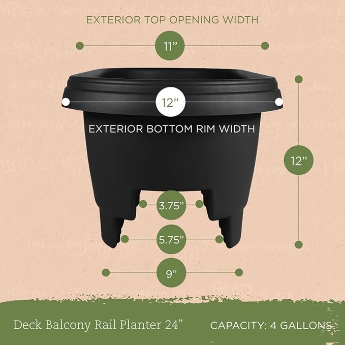 Bloem 24" Plastic Deck Rail Planter, 9" H x 24" L x 12" W, Fits Rail Sizes Between 4.75 to 5.75" Wide, Black, 2-Pack
