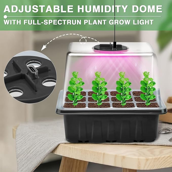 YAUNGEL Seed Starter Tray with Grow Light, 4 Pack Seed Starter Kit with Timing Controller Adjustable Brightness, Thicken Seedling Starter Trays with Humidity Domes Heightened Lids, Black