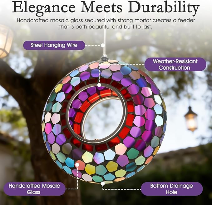 6 Inch Mosaic Glass Hanging Bird Feeder for Outdoors，Fly Through Bird Feeders for Wild Birds, Cute Seed Container with Round Shape for Backyard Window Garden Porch Decor, Aurora Purple Mosaic