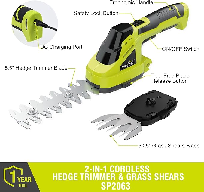 SnapFresh Cordless Grass Shear Bush Trimmer, 2 in 1 Handheld Hedge Trimmer, 7.2V Electric Grass Trimmers, Lightweight Shrubbery Trimmers Battery & Charger Included, Shrub Trimmer for Garden(Green)