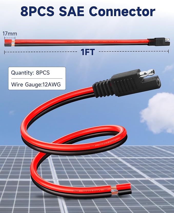 8 Pack 12AWG SAE Connector Extension Cable, 1FT 2 Pin Quick Disconnect Wire Harness, SAE Single Plug for Solar Panel Motorcycle RV Tractor Car Battery Charger