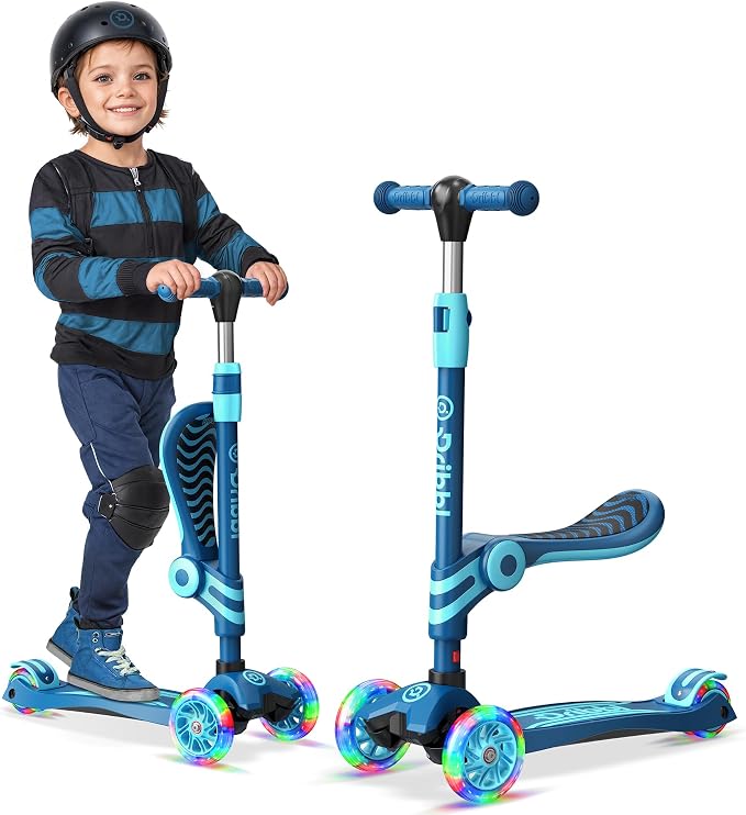 Blue 3 Wheel Scooter with Seat for Kids, Light-Up Wheels, Adjustable Lean to Steer Handlebar and Seat, Smooth Wheels, Wide No-Slip Deck, Rear Foot Brake, Toddler Outdoor Toys for Ages 2+