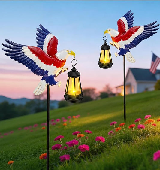 ZFNN 4th of July Decorations Outdoor Solar Lights, Solar Eagle Garden Lights with Lantern, Patriotic Eagle Stake Light for Yard Lawn Garden Patio, Patriotic Decor for Memorial Day Veterans Day 2 Pack