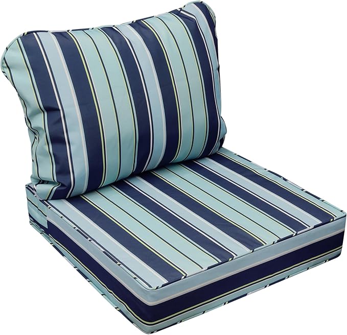 AAAAAcessories Outdoor Seat Cushions for Chairs, Fade-Resistant, Waterproof Patio Furniture Replacement Cushions, 25.5" x 25.5" x 5" + 25.5" x 19", Ash Teal Seaside Stripe