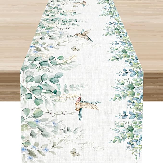 Floral Birds Table Runner, Rustic Boho Eucalyptus Leaves Watercolor Hummingbird Spring Seasonal Coffee Table Center Decor for Family Kitchen and Dining Farmhouse Party Table Decorations, 13"x90"