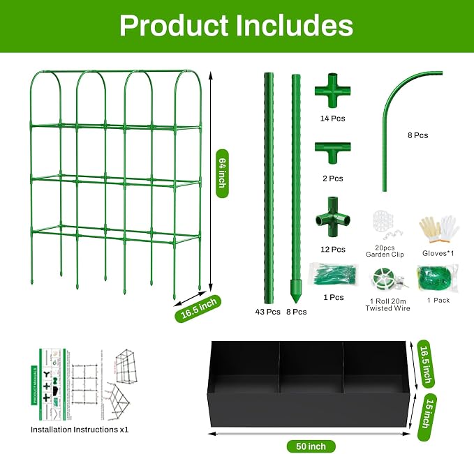 63.8"×49.6"×16.5" Cucumber Trellis with Grow Bag,Trellis for Climbing Plants Outdoor,U-Shape Reusable Metal Garden Arch Trellis with Net, for Fruit Flower Support for Pea, Grape Vine Type Plants
