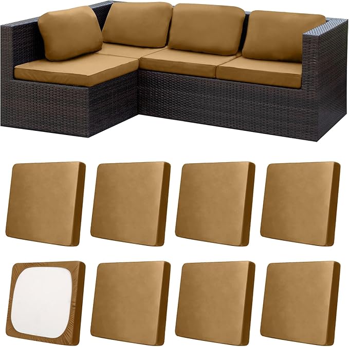 8Pcs Patio Cushion Covers,Outdoor Cushions Covers,Stretch Cushion Covers Replacement, Washable and Reusable Furniture Protectors(Camel)