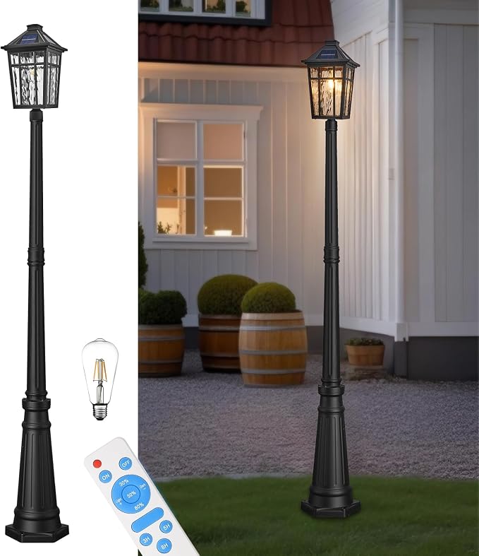 Outdoor Solar Lamp Post Light Dusk to Dawn Waterproof Solar Pole Lights with Water Ripple Glass 80.7 Inch Height Aluminum Black Street Light with Remote Control and LED Bulb
