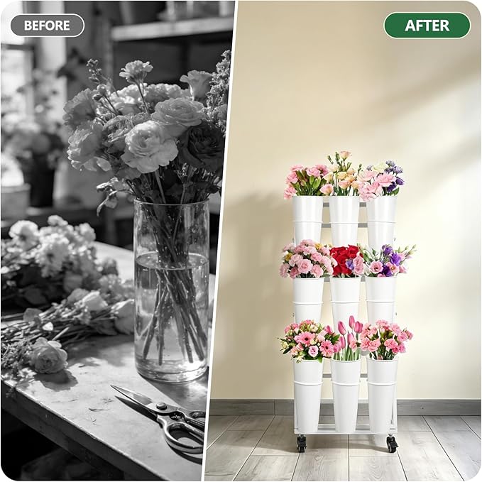 3FT Flower Display Stand with 9 Buckets,Metal Flower Bar Stand with Wheels,3 Layers Moving Florist Bouquet Shelf for Indoor Outdoor Garden,Flower Shop,Wedding,Party Decor (WHITE)