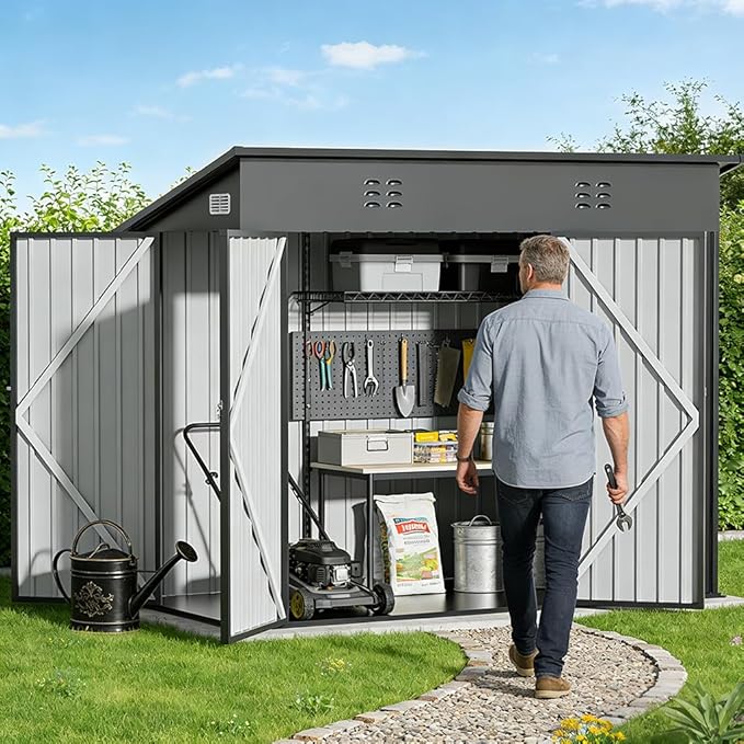 COMHOMA Shed Storage Outdoor Metal Windowed Lockable Weatherproof Ventilated Backyard Garden Utility Workshop(Grey,8'*4')