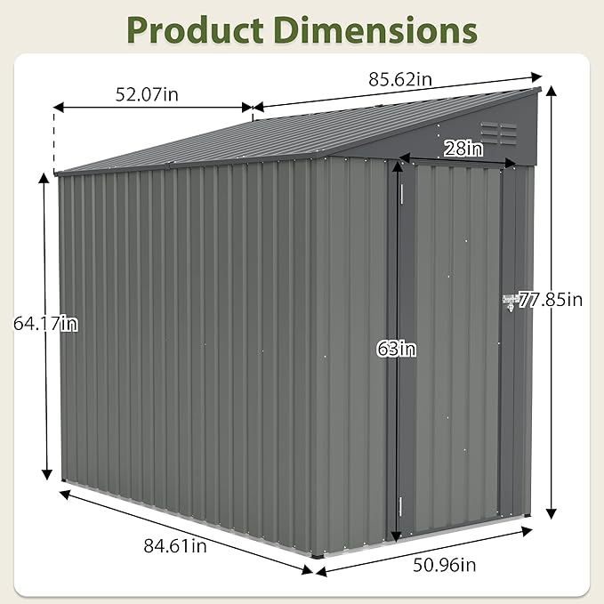 KEIKI Storage Shed 4x7 FT, Small Metal Tool Shed for Outdoor Storage, Galvanized Steel Garden Shed with Lockable Doors for Patio, Backyard, Lawn, Grey