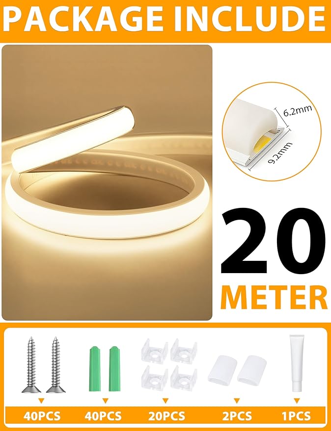 Lamomo COB LED Strip Lights 65.6Ft, Natural White Outdoor Led Rope Light, Waterproof Flexible Silicone Cuttable 4000K Neon Led Lights for Bedroom Garden Commerica Holiday Decor, CRI90+, AC 120V