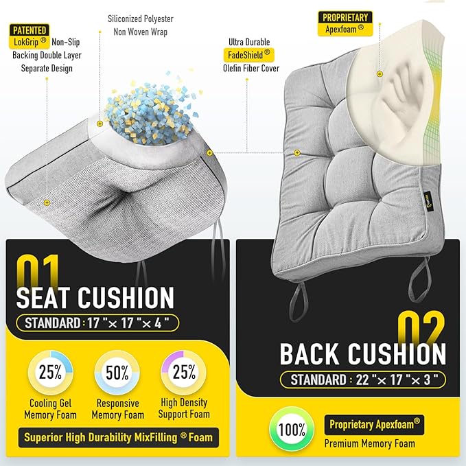 SUNROX Memory Foam Non Slip Rocking Chair Cushion, FadeShield Water Resistant Thicken Durable Tufted Pads, Set of Seat & Back Cushion with Ties for Indoor/Outdoor Rocker, 2 Piece, Heather Grey