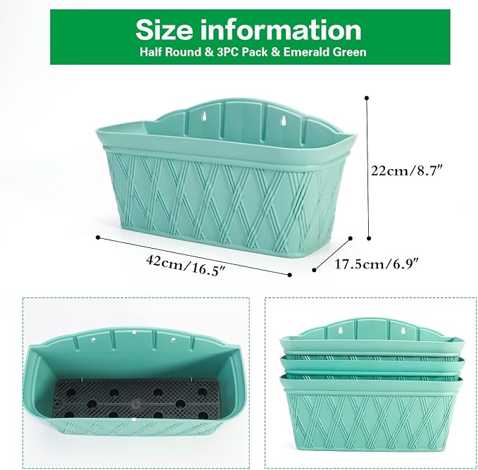 Sungmor 3 Pack Wall Hanging Planters, 16.5 Inch Railing Fence Hanging Flower Pots, Thickened Plastic Water Storage Plant Pot, Indoor Outdoor Garden Balcony Decor, Light Green Large Plant Basket