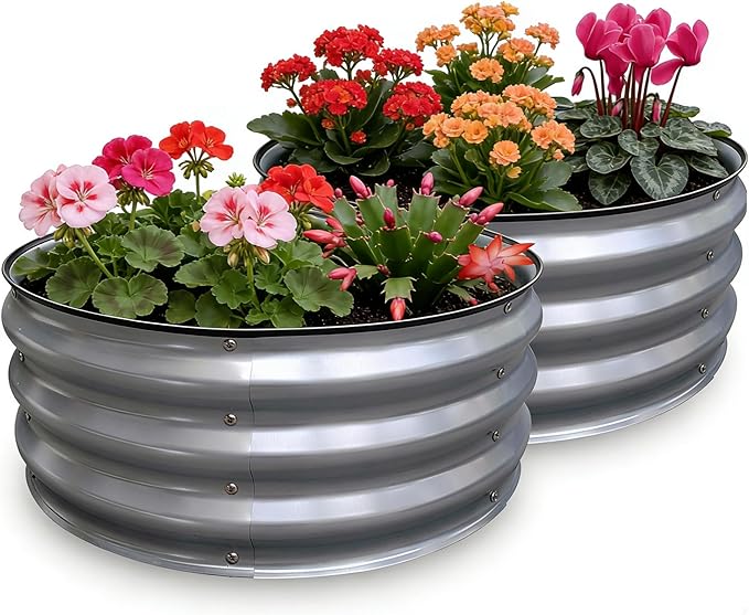GrowHaus 2x2x1FT Galvanized Raised Garden Bed, Planter Boxes Outdoor Round Metal Garden Beds for Planting Vegetables Flowers Herbs 2 Pack Silver