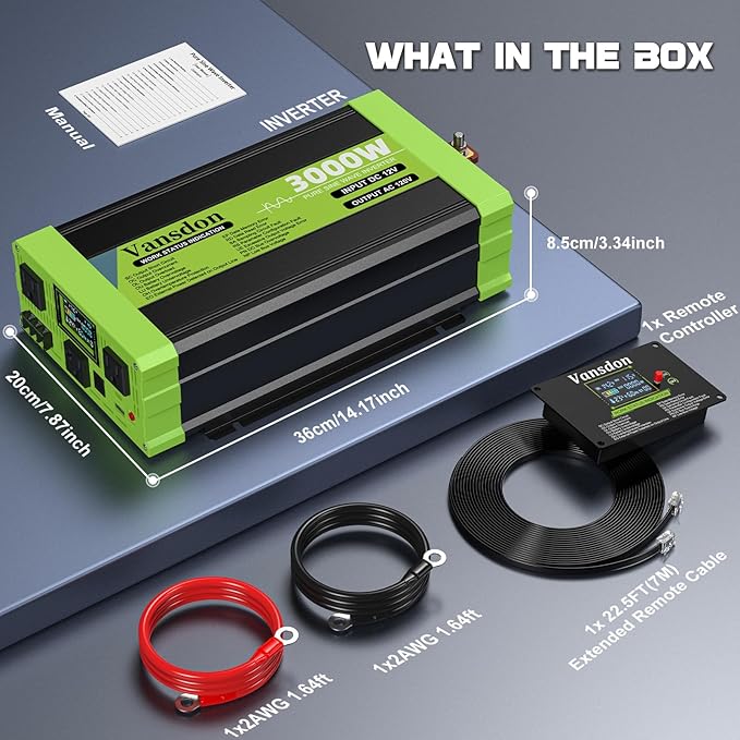 Vansdon 3000W Pure Sine Wave Inverter 12V DC to 120V AC Power Inverters for RV,Truck, Solar, Home, Off-Grid, Car with LCD Display, 3 AC Outlet, 30W USB-C, 5V 2.1A USB,Remote Control, Surge 6000W
