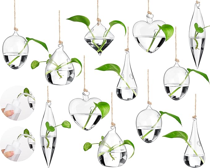 Zopeal 12 Set Wall Hanging Glass Planter Terrarium Propagation Station Vase Container Watering Squeeze Bottle with Rope and Hook for Hydroponic Plants Flower Home Decor Gifts (Classic Style)