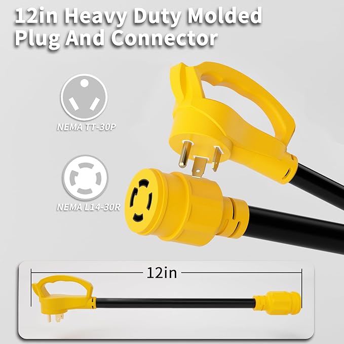 30 Amp to 30 Amp RV Generator Plug Adapter 12 Inch, NEMA TT-30P Male to NEMA L14-30R Female, Heavy Duty RV Generator Adapter with Twist Lock Plug, STW 10AWG 30A 125V/250V 3750W, Yellow, ETL Listed