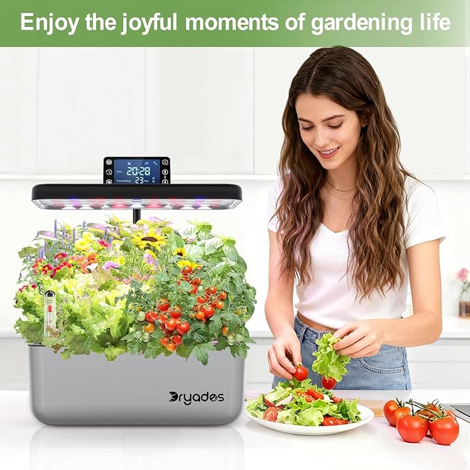 12 Pod Hydroponic Indoor Garden System with Full Spectrum LED Grow Light, Countertop Herb Growing Kit with Seed Starter, Soil-Free Planter for Kitchen, 13.8 x 13.8 x 7.9 Inches, Silver