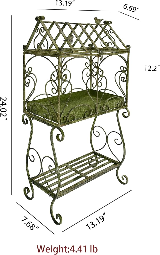 Vintage 2-Tier Metal Plant Stand with House-Shaped Planter Tray, Distressed Green Rustic Plant Shelf with Succulent Tray for Indoor Outdoor Garden, Patio & Balcony Decor