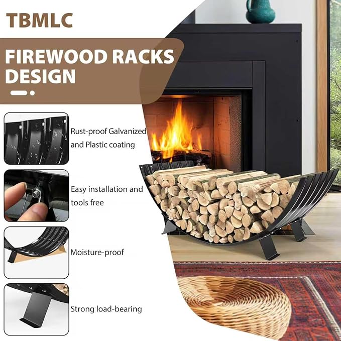 TBMLC 40 inch Diameter Sector Firewood Rack Storage -0.8MM Thick Galvanized Steel with Wave Pattern & 4 Stable Feet, Black Coated for Indoor/Outdoor Wood Storage (3.3FT Diameter)