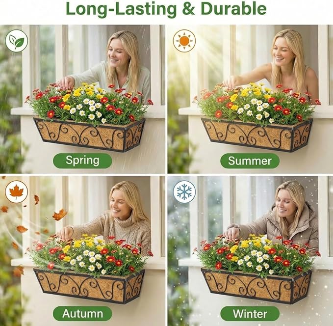 Y&M 4Pcs 24 Inch Large Window Box Railing Planter with Coco Liner, Outdoor Window Flower Boxes Over The Railing Boxes Deck Fence Porch Balcony Planter-Butterfly