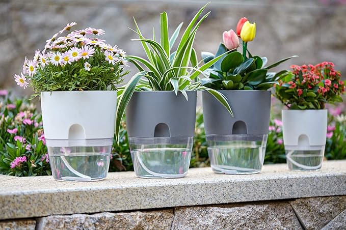 Self Watering Planter for Indoor Plants, 2 Pack 9.3 Inch Flower Pot Modern Decorative Plastic Planter with Extra Large Water Storage for All House Plants, Flowers, Herbs(White)