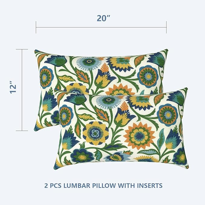 LVTXIII Set of 2 Patio Lumbar Pillows, 12" x 20" Fade Resistant Outdoor Lumbar Pillow with Inners, Fluffy Decorative Garden Lumbar Cushions for Home Patio Coach Sofa Use, Fiesta Floral